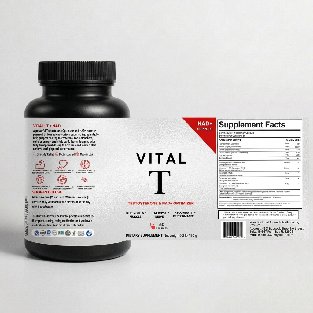 VITAL T NAD+ Testosterone Optimizer bottle and supplement facts label