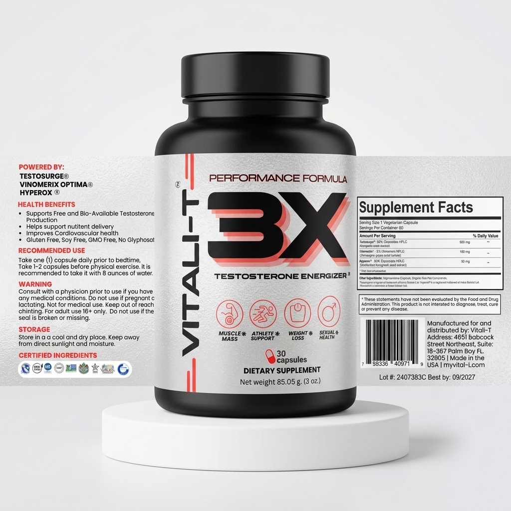 VITALI-T 3X Performance Formula Testosterone Energizer supplement bottle
